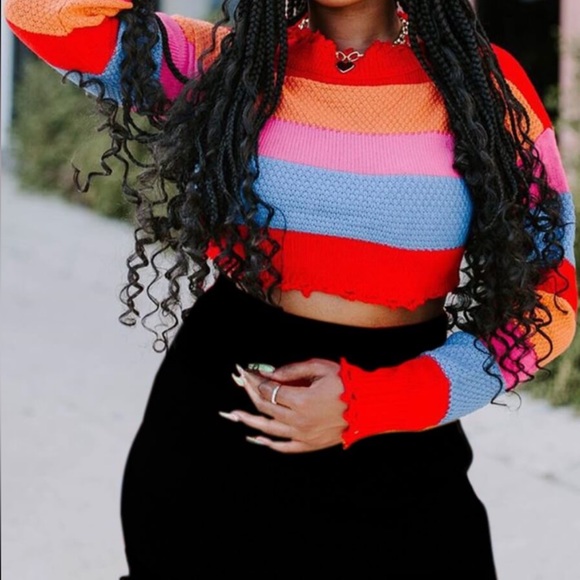 💋Rainbow Striped Knit 🧶 Half Turtleneck Crop Sweater - Picture 3 of 7